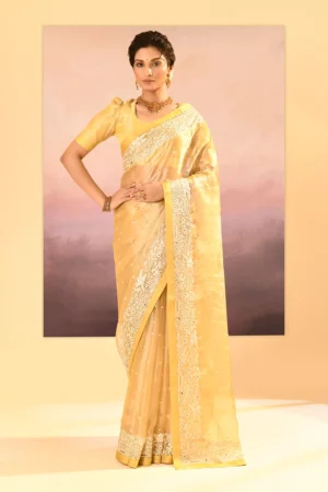 Elegant Soft Yellow Parsi Gara-Inspired Tissue Saree