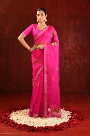 Bright Pink Organza Saree with Gomatha Embroidery & Stitched Blouse