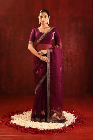 Dark Burgundy Gomatha Embroidered Organza Saree with Stitched Blouse