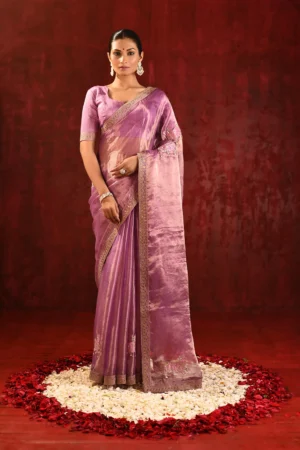 Shiny Lavender Tissue Saree with Gomatha Embroidered Elegance