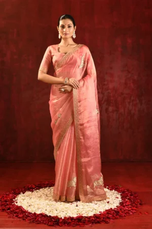 Peach Pink Applique Work Tissue Saree with Raw Silk Blouse & Floral Design