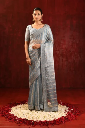 Metallic Grey Tissue Saree with Golden Stripes & Embroidered Stitched Blouse