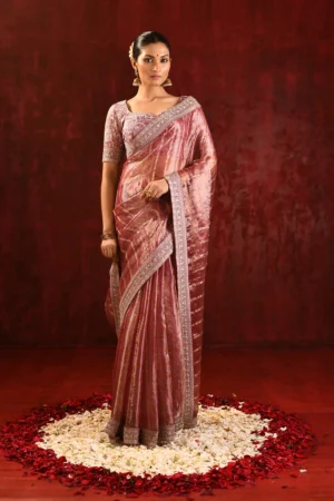 Metallic Pink Tissue Saree with Embroidered Border & Designer Blouse
