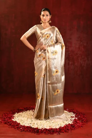 Gold Sunflower Embroidered Tissue Saree with Woven Metallic Blouse