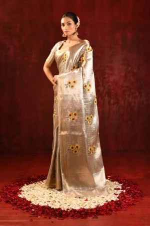 Jewel Gold Floral Embroidered Tissue Saree with Metallic Blouse