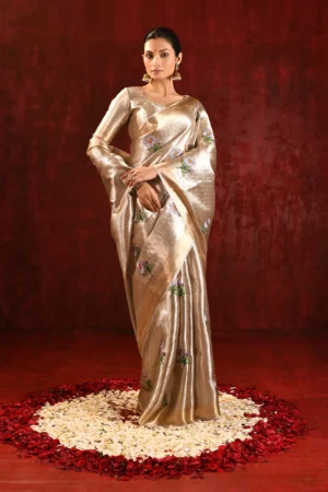 Ivory Gold Tissue Saree with Floral Embroidery & Stitched Blouse