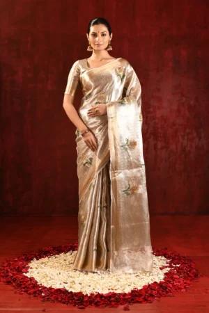 Metallic Gold Floral Tissue Saree with Thread Embroidery & Woven Self Border