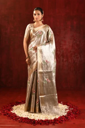 Jewel Gold Floral Tissue Saree with Embroidered Motifs & Blouse