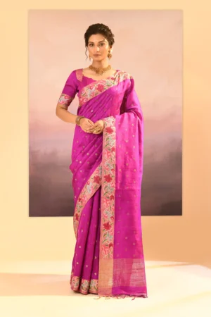 Fuchsia Pink Raw Silk Foil Saree with Badla Border