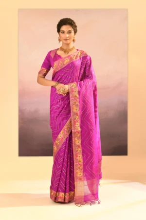 Fuchsia Purple Raw Silk Foil Saree with Embroidered Zari Borde