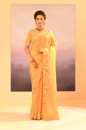 Bright Yellow Raw Silk Chevron Foil Print Saree with Embroidered Border