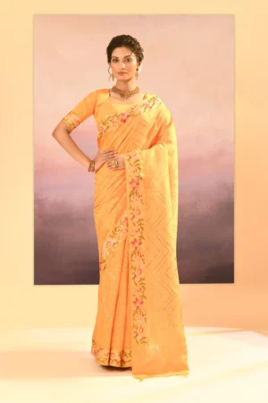 Golden Yellow Raw Silk Saree with Chevron Foil Print and Badla Paithani Border