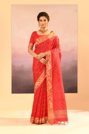 Cardinal Red Raw Silk Saree with Paithani Border & Foil Prints