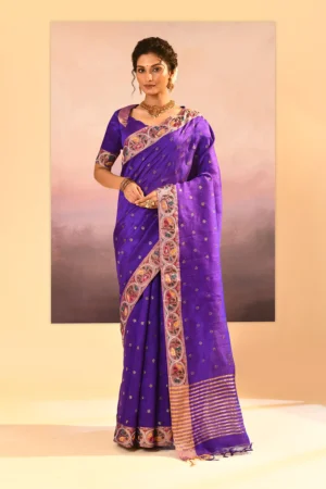 Rich Violet Raw Silk Saree with Floral Foil Prints and Embroidered Border