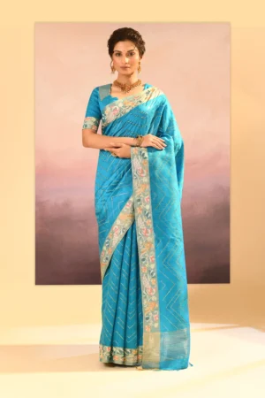 Turquoise Blue Raw Silk Saree with Zari Border & Foil Details