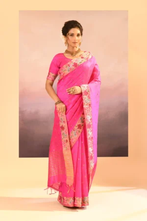 Bright Pink Raw Silk Saree with Zari Pallu & Floral Embroidered Borders