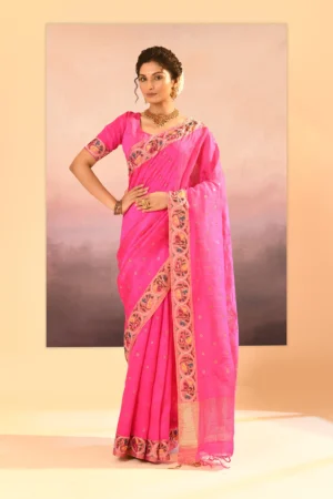 Vibrant Hot Pink Raw Silk Saree with Foil Detailing and Embroidered Border