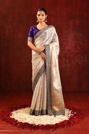 Soft Gold Tissue Saree with Contrast Purple Blouse & Woven Border