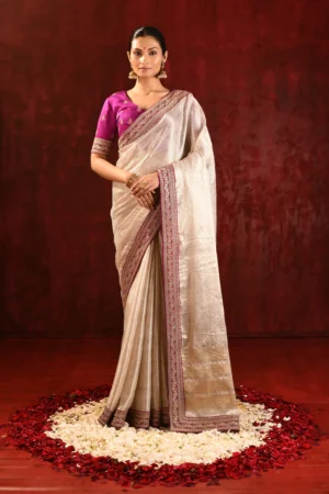 Soft Gold Tissue Saree with Purple Raw Silk Blouse & Woven Border