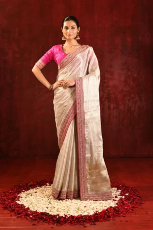 Soft Gold Embroidered Tissue Saree with Pink Raw Silk Designer Blouse