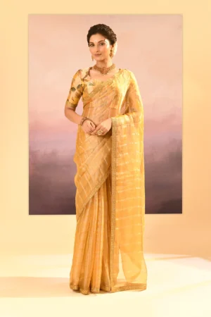 Stunning Golden Yellow Metallic Tissue Saree with Shimmering Stripes