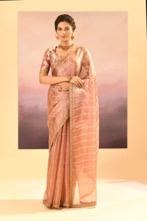 Gorgeous Pastel Beige Metallic Tissue Saree with Golden Stripes & Blouse