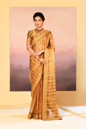Radiant Golden Tissue Saree with Elegant Checks Weave & Stitched Blouse