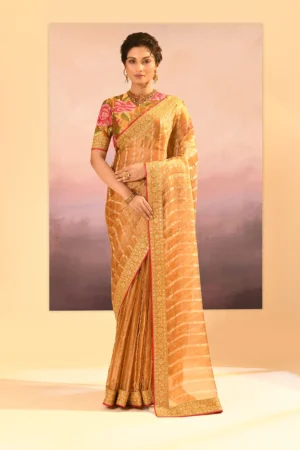 Golden Metallic Tissue Saree with Striped Embroidery & Designer Stitched Blouse