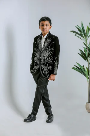 Boys Black Embellished Tuxedo Suit with Statement Sequin Detailing