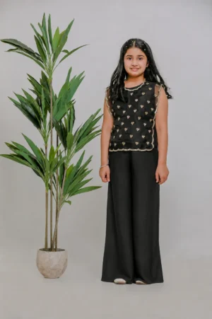 Girls Black Embroidered Crop Top and Flared Palazzo Set