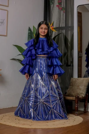 Girls Royal Blue Tiered Ruffle Crop Top & Geometric Lehenga Set