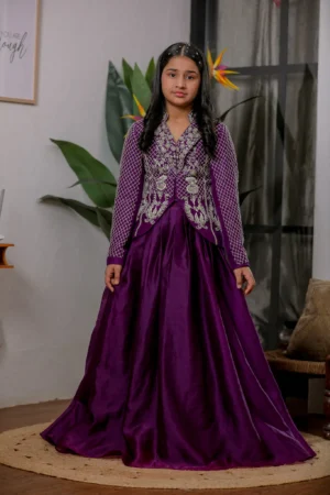 Girls Purple Embroidered Anarkali Gown with Jacket for Festive Occasions